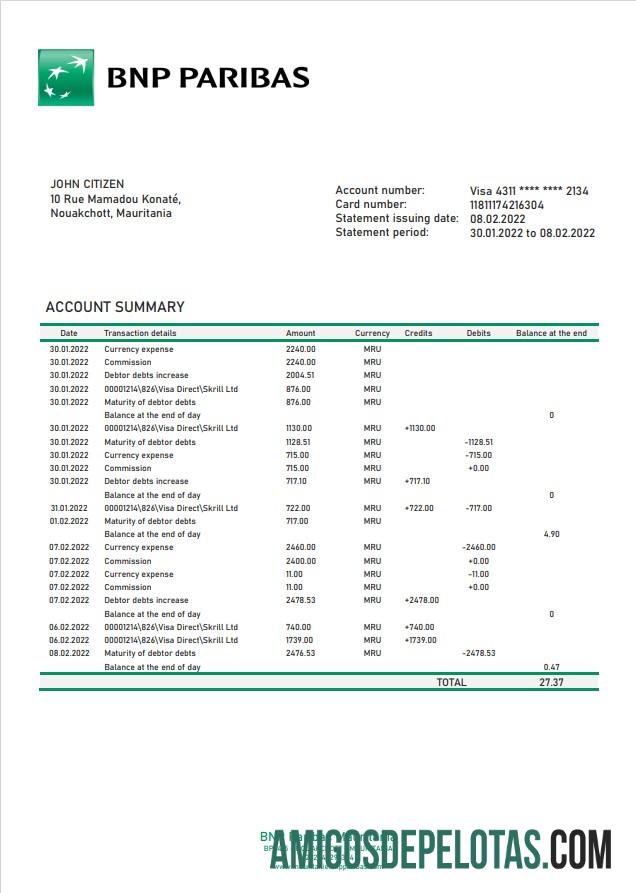 Mauritania BNP Paribas extrato bancário amostra